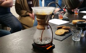 Image of slow steeped coffee at Food Sorcery coffee lovers class with chemex wood neck coffee maker