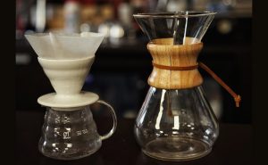 image of chemex wood neck cofee maker and haria ceramic dripper and range server at coffee lovers class didsbury manchester